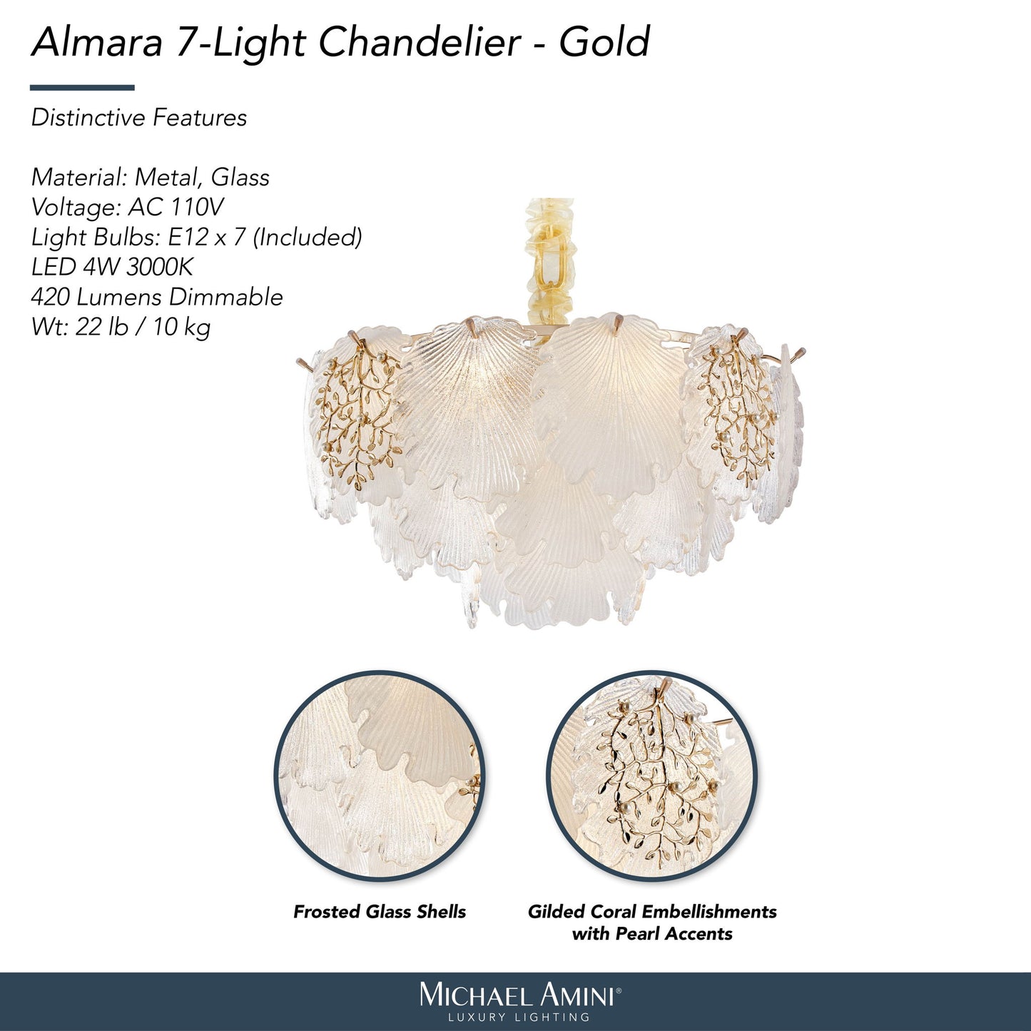 Michael Amini Lighting - Almara 7-Light Frosted Glass Chandelier - Frost / Gold